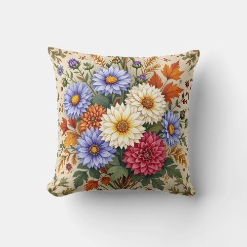 Autumn Bouquet of Asters and Dahlias throw pillow