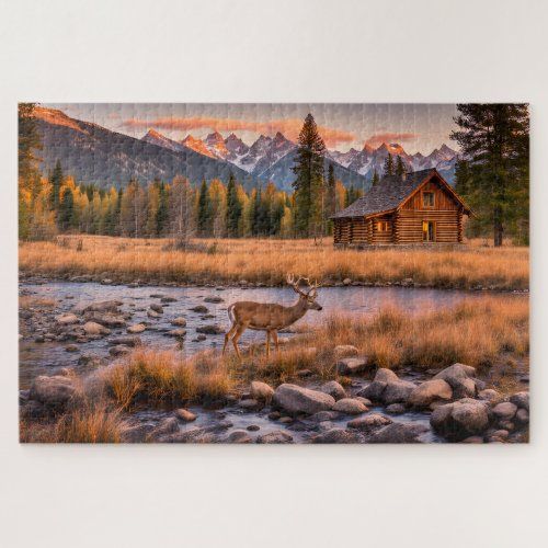 Riverside Cabin with Deer jigsaw puzzle