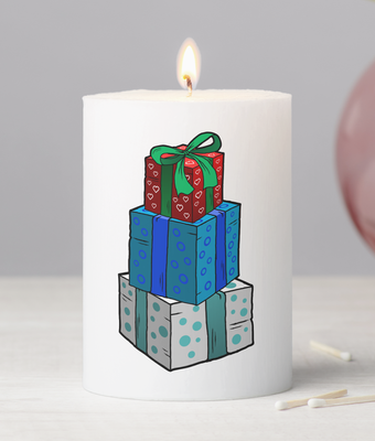 Zazzle Wrapped Christmas Gifts Pillar Candle (In Situ).png
