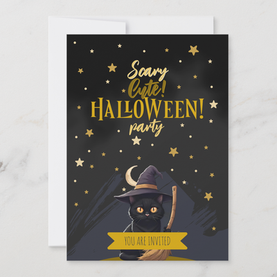 Zazzle Scary Cute Black Cat Witch Hat Halloween Party Invitation (Front).png