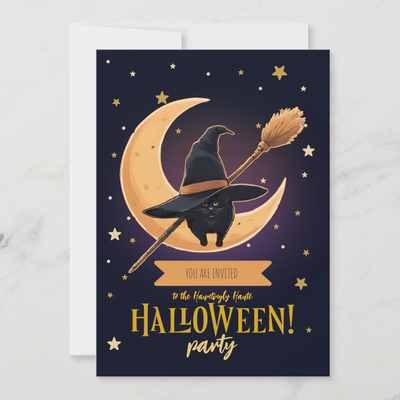 Zazzle Elegant Black Cat Crescent Moon Halloween Party Invitation (Front).png