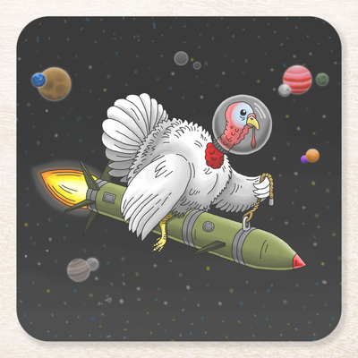 Zazzle Thanksgiving Rocket Turkey Square Paper Coaster (Front).png