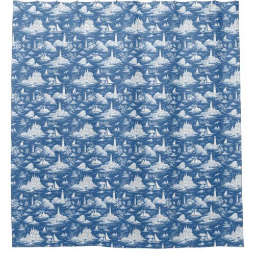 Blue Nautical Toile de Jouy shower curtain