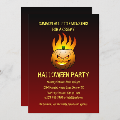 Zazzle Creepy Burning Halloween Pumpkin Invitation (Front_Back).png