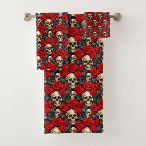 Skulls with  Red and Black roses bath towel set