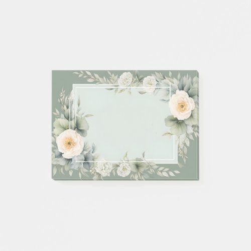 Cream Floral White Frame Sage Green Background post it notes