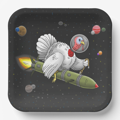 Zazzle Amazing Rocket Turkey's Space Journey Paper Plates (Front).png