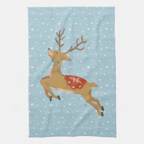Cute Reindeer and Snowfall kitchen towel