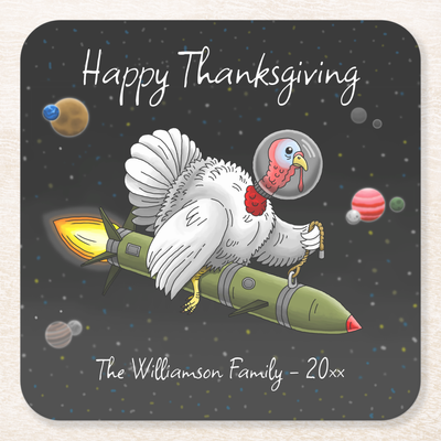 Zazzle Thanksgiving Rocket Turkey Square Paper Coaster (Front).png
