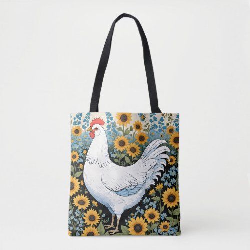 White Chicken and Sunflowers tote bag