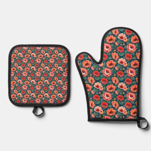 Coral and Pink Chinoiserie oven mitt set