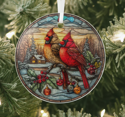Christmas Cardinals Glass Ornament