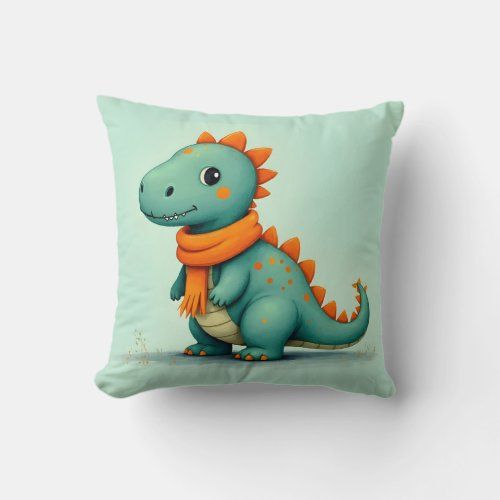 Cute Dinosaur Wearing an Orange Scarf throw pillow