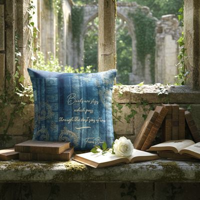 Pillow - Old books - golden ornaments - blue
