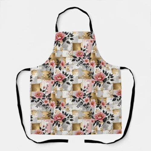 Pink Flower Bouquets on Gold and White Squares apron