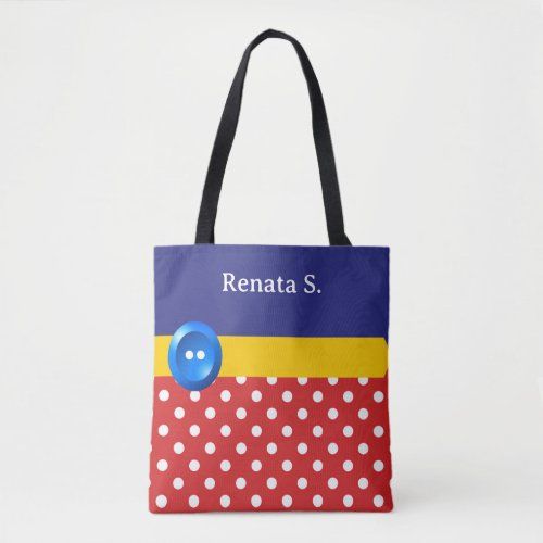 Red and White Polka Dots and Blue Button tote bag