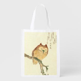 Vintage Japanese Fine Art Print | Owl on a Branch Grocery Bag by NewParkLaneArtGifts