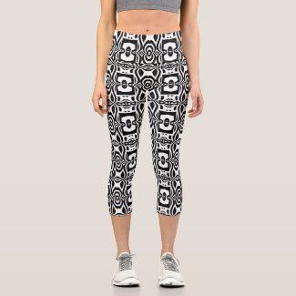 Modern Ethnic Black and White Geometric Pattern Capri Leggings by Kristina_Lj