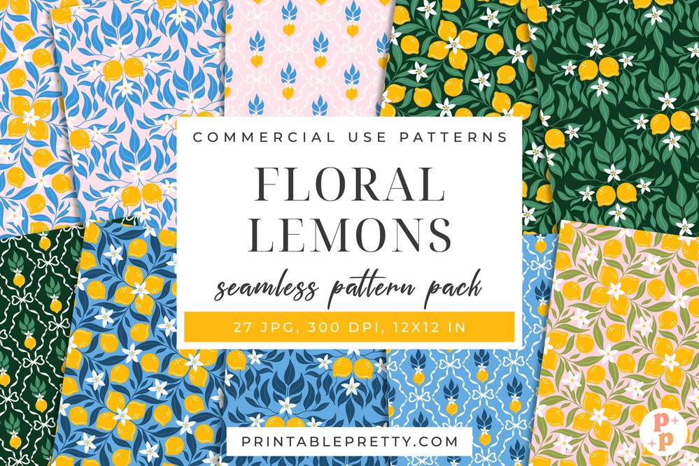 Floral Lemons Seamless Pattern Digital Paper Pack Printable Pretty_Preview 1.jpg