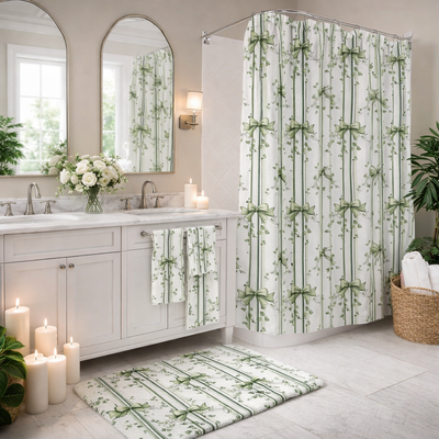 Shower curtains, bath towel sets and bath mats