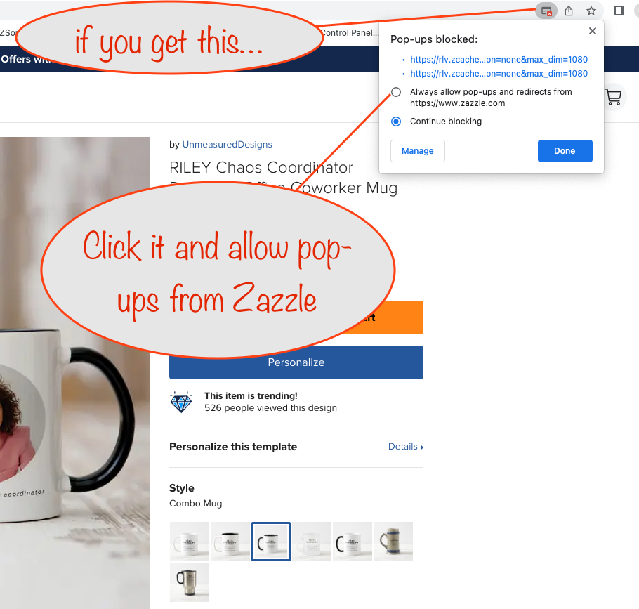 allowing pops-ups for Zazzle in Chrome
