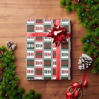 HO HO HO Red, Green & White Squared Wrapping Paper