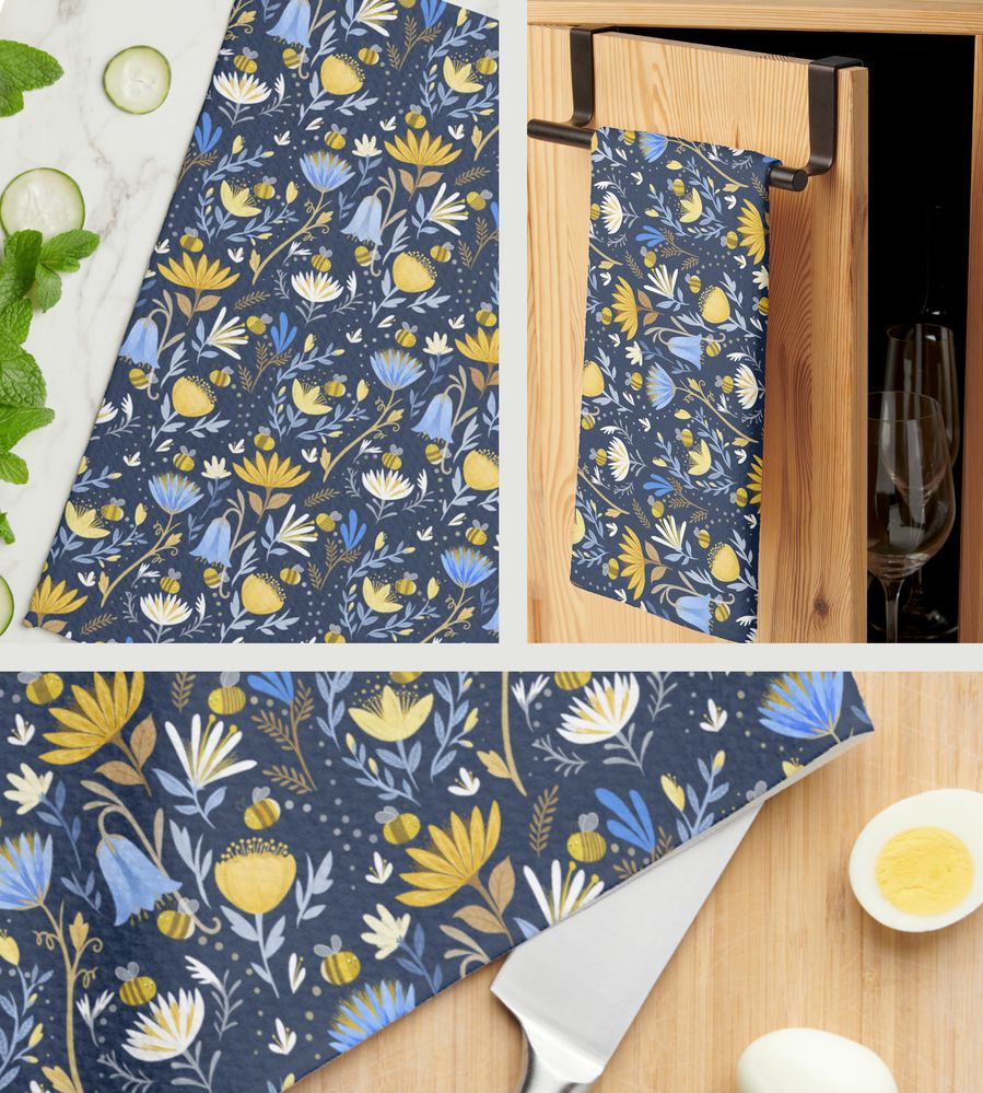 Navy Blue Floral Bumblebee Kitchen Towel