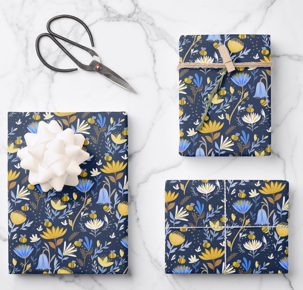 Navy Blue Floral Bumblebee Gift Wrap