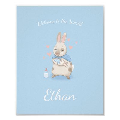 Baby Boy Blue Bunny Nursery Poster