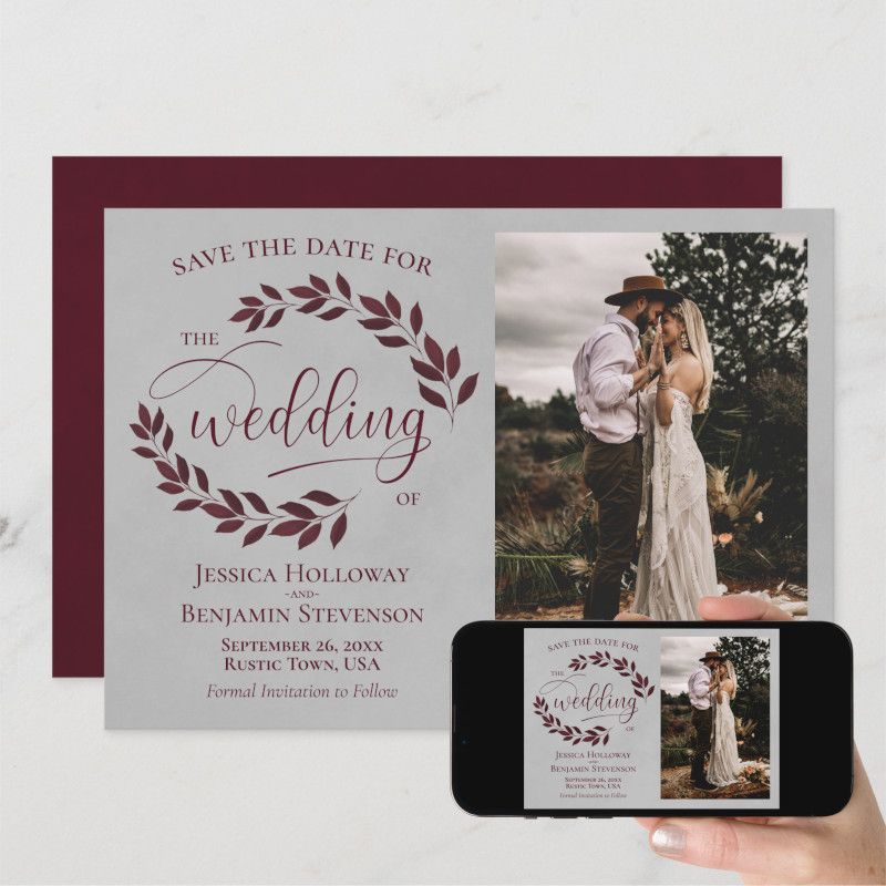 Zazzle - Mockup - Burgundy Laurel Leaves & Photo Rustic Gray Wedding Save The Date.jpg