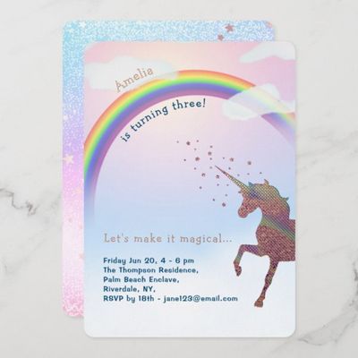 Rose Gold Foil Unicorn Rainbow Glitter Magical Birthday Invite