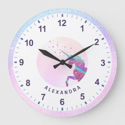 Unicorn Iridescent Pink Blue Girl's Bedroom Decor Large Clock