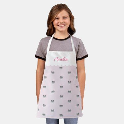 Cute Pink and Gray Heart Pattern Scallop Monogram Apron