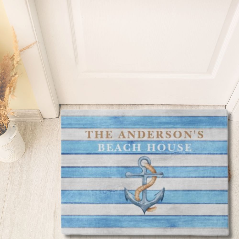 Rustic Wood Nautical Stripes Anchor beach house door mat.jpg