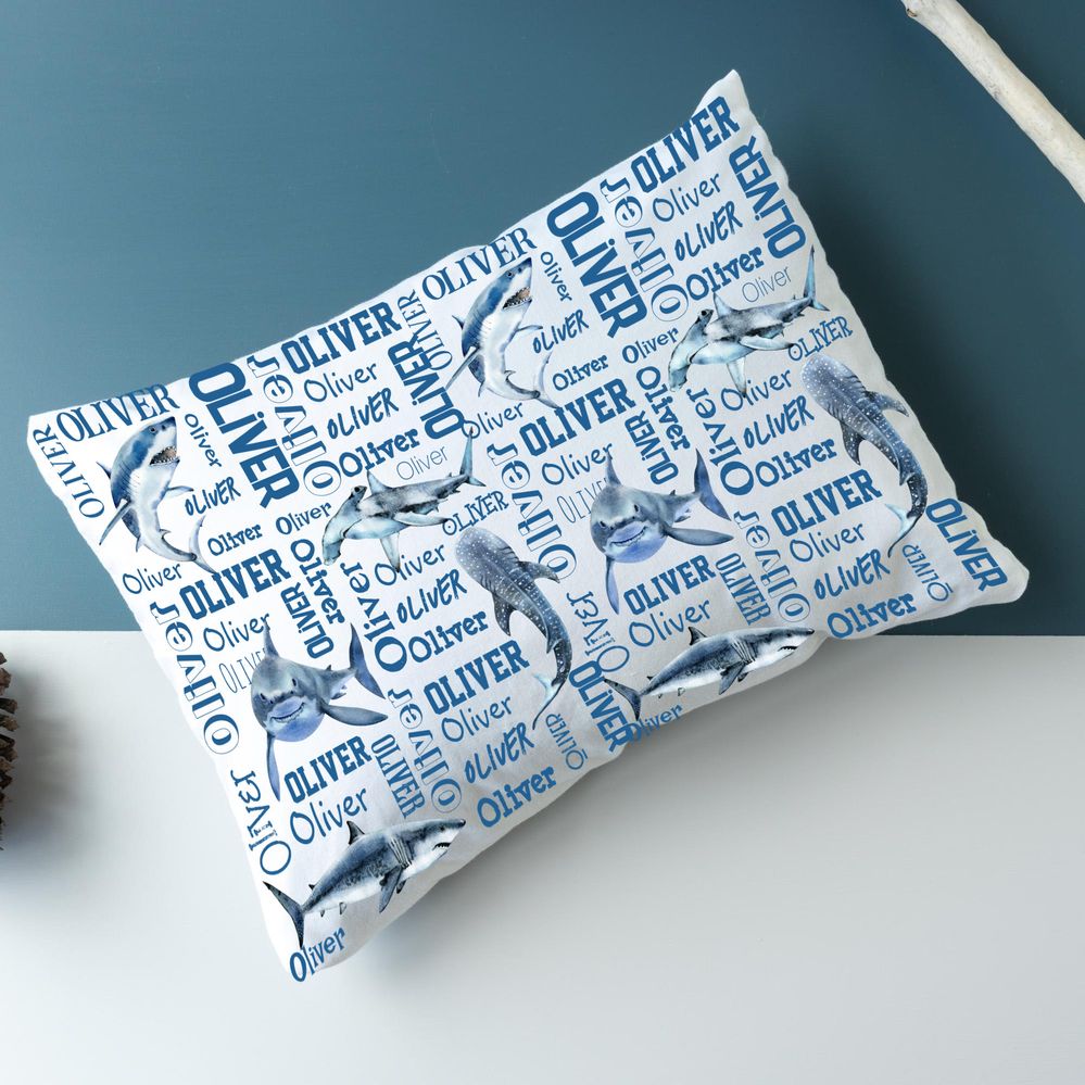 Shark personalized name collage boys pillow case
