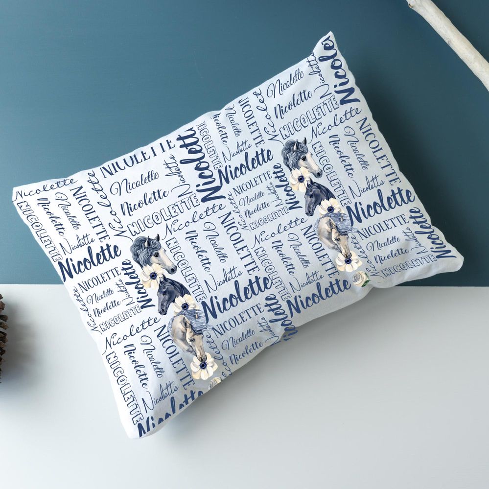 Girls name collage with horses dusty blue pillow case
