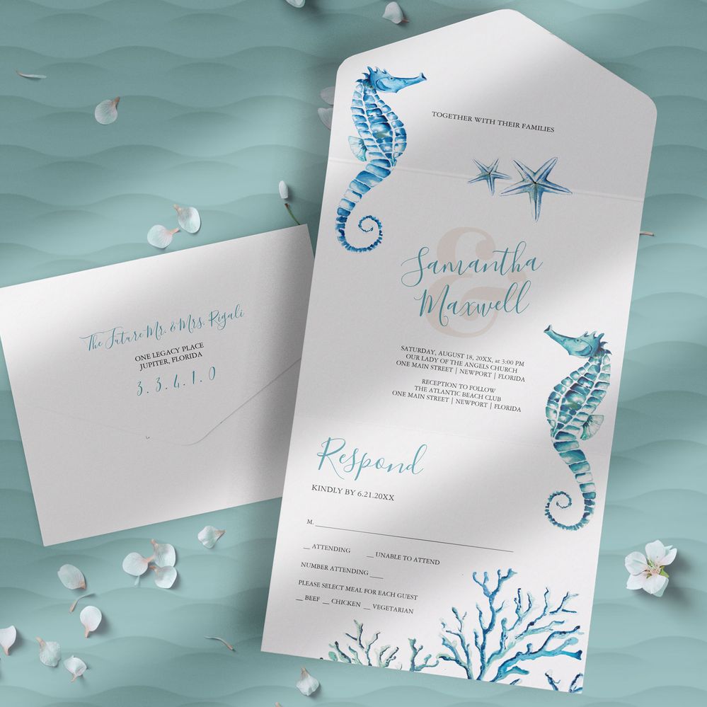 Beach Wedding All In One Invitation Watercolor Seahorses