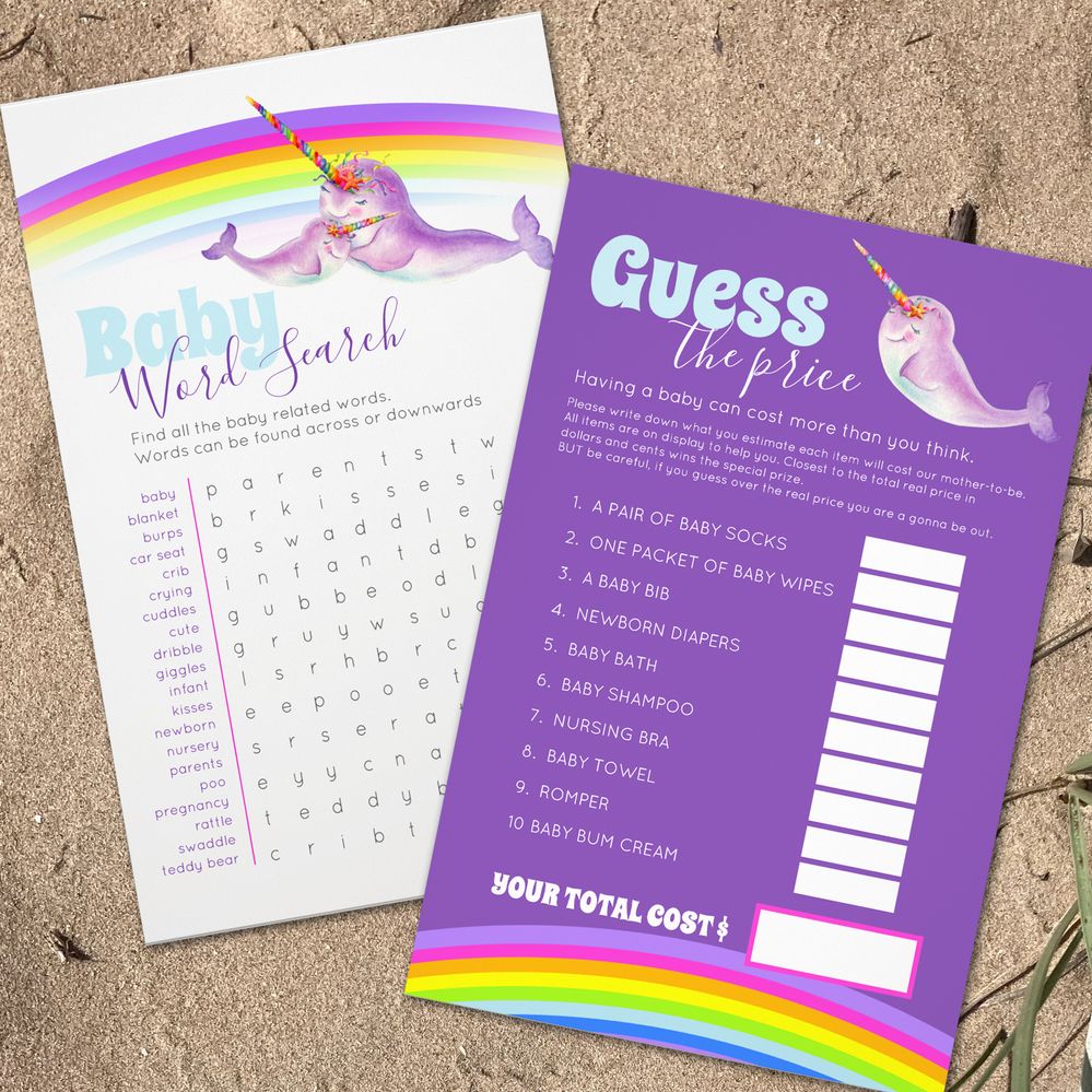 Baby shower narwhal word search price guess game flyer.jpg